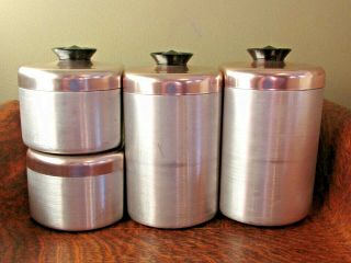 Vintage MCM Mid Century 50 ' s Aluminum,  Copper Tops,  Stackable CANISTER SET 4
