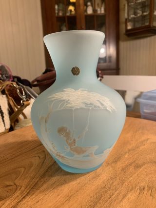 Vintage Mary Gregory Blue Satin Vase " Girl On Swing With Dog