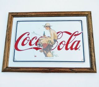 Vtg Coca Cola Brand Glass Mirror 1989 Framed Norman Rockwell Boy Fishin Print