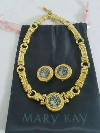 Vintage Mary Kay Gold Plated Chunky Coin Necklace/coin Clip On Earrings Set -