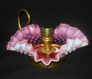 Vintage Fenton Pink Hobnail Opalescent Art Glass Candle Stick Bowl Holder