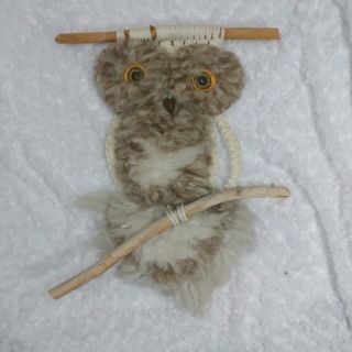 Vintage Macrame Owl Wall Hanging Decor White Nylon Rope Glass Eyes Wood Accents