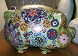 Vintage 60s Mexican Folk Art Painted Pig Pottery Psychedelic Hippie Piggy Bank