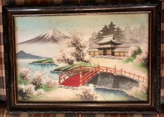 Vintage Oriental Silk Embroidery Wall Art Framed 16.  5” X 11.  5” Mountain Bridge