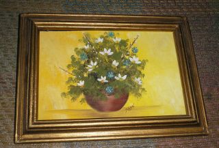Vintage Framed Chic Tiny Small Oil Painting Signed Vase Flowers 5 1/2 X 7 1/2