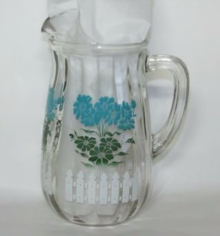 Vintage Blue Flower & Picket Fence Juice Water Small Pitcher W Ice Lip 8 " Tall