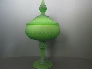 Vintage Indiana Glass Diamond Point Compote W Lid Candy Dish Green Satin 11 3/4 "