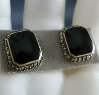 Vintage Sterling Silver Black Onyx Marcasite Post Earrings Pierced Square 1/2 "