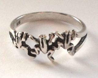 Solid 925 Sterling Silver Vintage Ring 13 M 1/2 Handmade Forest Frogs Cute Fine