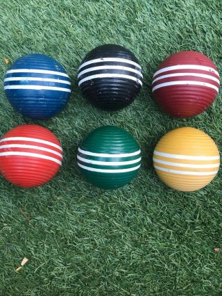 6 Vintage Wood Croquet Balls W Stripes & Ribbed Replacements Or For Decor
