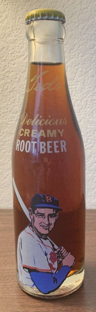 Vintage Ted Williams Red Sox Baseball Clear Root Beer Bottle Full Moxie