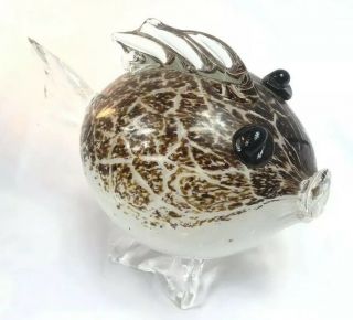 Vintage Blown Art Glass Fish Sculpture Blowfish Paperweight 7” Applied Eyes Fins