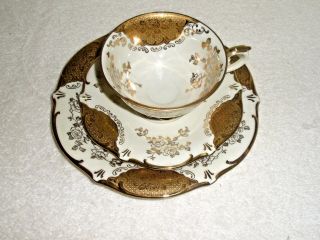 Vintage Schumann Bavaria China Set Cup Saucer Dessert Plate Gold White