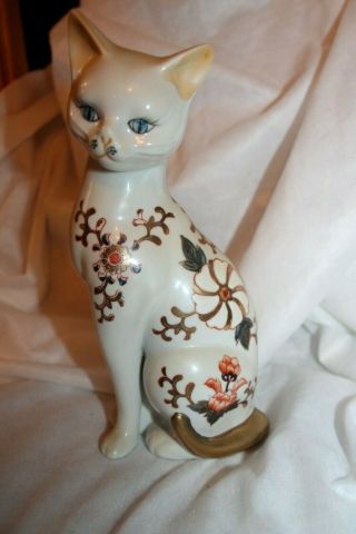 Vintage Japan Hand Painted Ceramic 8 " Cat Statue Figurine W/label Toyo White Gld