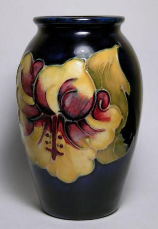 Vintage Moorcroft English Art Pottery Hibiscus On Cobalt Glaze Vase Ex