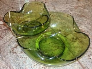 Vintage Anchor Hocking Avocado Green Glass Chip and Dip Set 1970 ' s S/H 2