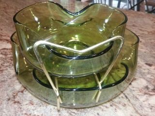 Vintage Anchor Hocking Avocado Green Glass Chip and Dip Set 1970 ' s S/H 3