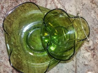 Vintage Anchor Hocking Avocado Green Glass Chip and Dip Set 1970 ' s S/H 4