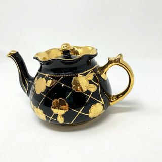 Vintage Arthur Wood Black And Gold Trim Teapot Floral Flowers