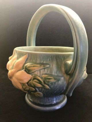 Vintage 1940 ' s Roseville Pottery Blue/Green Clematis Basket 389 - 10 2