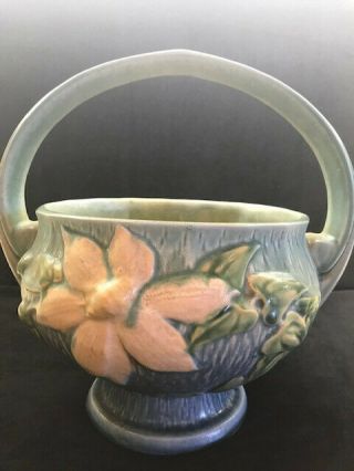 Vintage 1940 ' s Roseville Pottery Blue/Green Clematis Basket 389 - 10 3