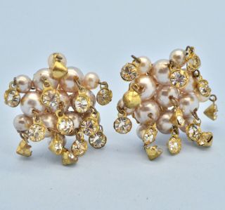 Vintage Earrings 1950s Faux Pearl Clear Crystal Drops Goldtone Bridal Jewellery