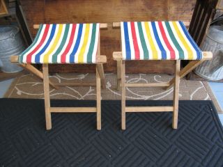 2 Vintage Wood Folding Stool Camp Chairs Retro 2 Canvas Stripe Color Seats