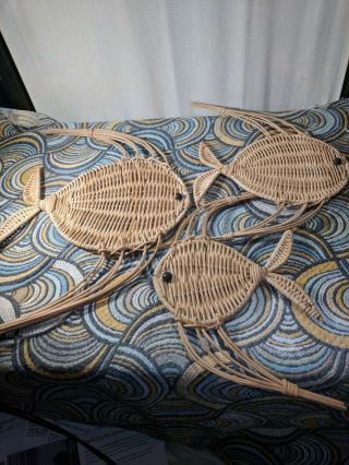 Vintage Woven Wicker Wood Fish Basket Wall Set Of 3