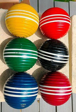 Set Of 6 3.  5 " Vintage Wood Croquet Ball Set 3 Stripes Striped Ribbed 6 Colors