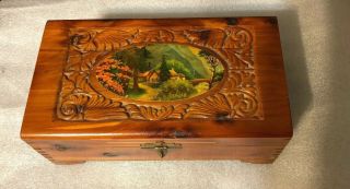 Vintage Cedar Jewelry Box With Wood Carving And Decoupage Country Home