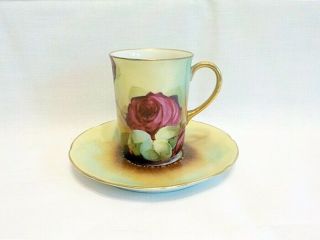 Vintage Limoges France Chocolate Cup & Saucer Red Rose On Green & Brown W.  G.  Co