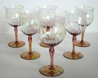 Vintage Amethyst & Amber Depression Iridescent Panel Optic Wine Glasses Set Of 6