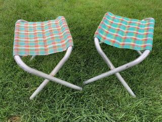 Vintage Metal Folding Stool Camp Chair Set Of 2 Green Plaid Midcentury