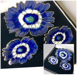 Vintage Jewellery Stunning Enamel Cloisonné Blue Pansey Brooch Earring Set