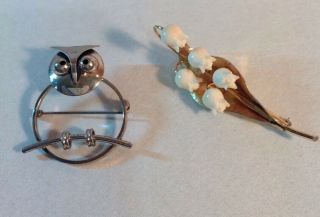 Vintage Jewelry 2 Brooch Pins Beau Sterling Owl,  Krenmetz Lilies Of The Valley