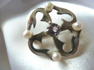 Vintage Lovely Pearl And Amethyst Silver Brooch Pin Clip Hallmarked