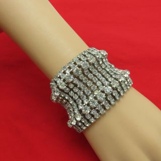 Vintage Statement Bracelet 11 Row Clear Crystal Rhinestone Wide 7 " Chain 297m