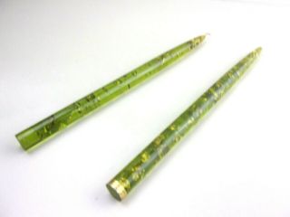 Vintage 12 " Green Lucite Tapers Candles With Gold Glitter Flakes