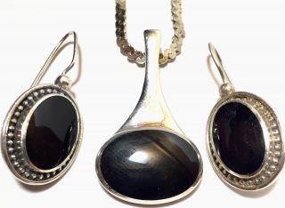 Vintage 925 Sterling Silver Black Onyx Pendant Necklace & Earring Set Signed