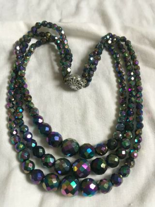 Vintage Ermani Western Graduated Blue Aurora Borealis Crystal 3 Strand Necklace