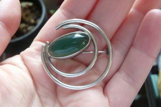 Vintage Ola Gorie Silver And Scottish Green Chalcedony Brooch