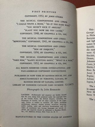 John O ' Hara,  Lorenz Hart / Pal Joey the libretto and lyrics 1st Edition 1952 3