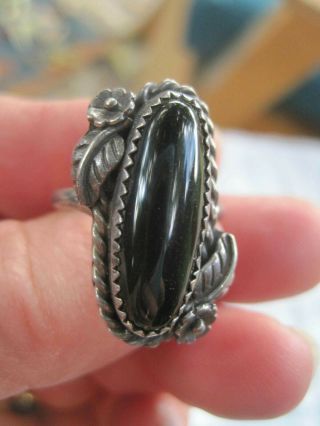 Vintage Navajo Native Sw Sterling Silver Onyx Foliate Ring Size 8 Signed Me