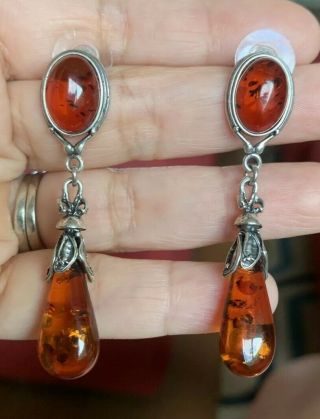Stunning Vintage Art Nouveau Style Silver Plated Honey Amber Drop Earrings