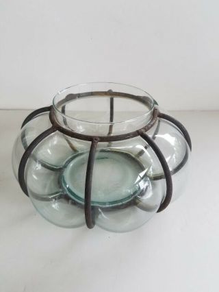 Vintage Hand Blown Glass Bowl Vase Urn In Metal Cage Frame 10” X 5.  5”