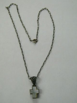 Vintage Sterling Silver Mother Of Pearl Cross Pendant Necklace