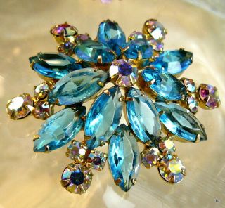 Gorgeous Vintage Aqua Teal Blue Faceted Glass Marquis Ab Rhinestone Pin Brooch