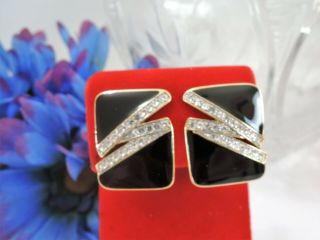 Vintage Trifari Geometric Modernist Black Enamel & Rhinestone Clip Earrings