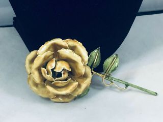 Vtg.  Sandor Yellow & Green Enamel Large 3 - D Rose Flower Brooch