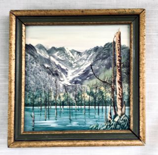 Vintage Hand Painted Framed Ceramic Tile - Wooded Landscape